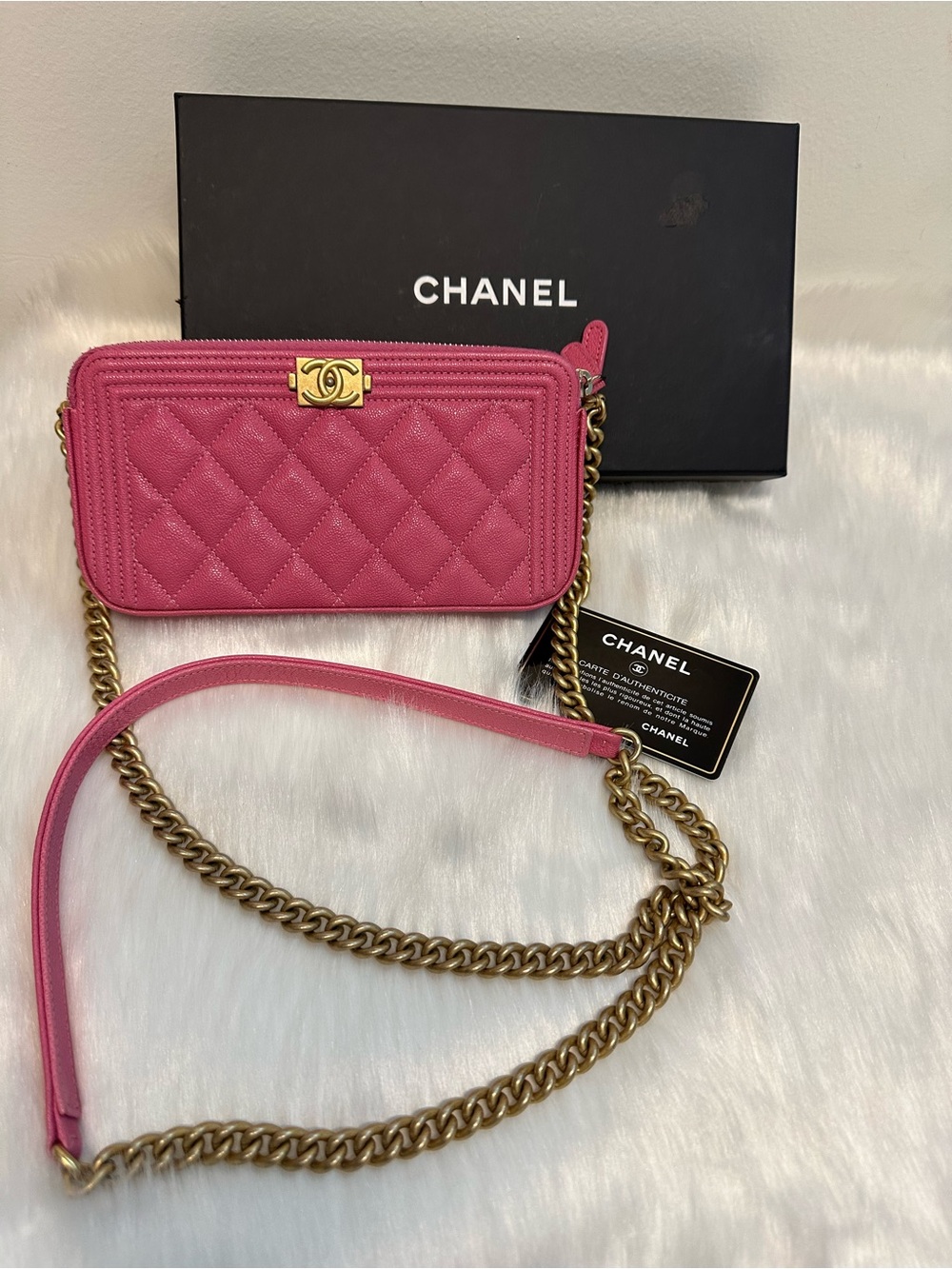 CHANEL Quilted Pink Crossbody with Gold Chain Strap